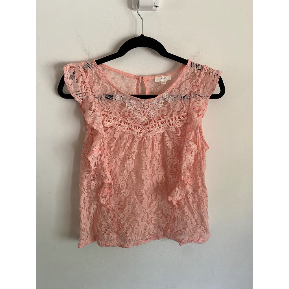 MINE Peach Pink Floral Lace Ruffle Cap Sleeve‎ Top Womens Large